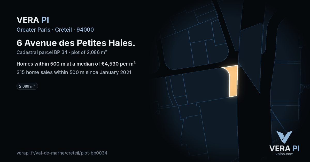 6 Avenue des Petites Haies, Créteil at night – the plot lit, the parcels around coloured by the prices near them