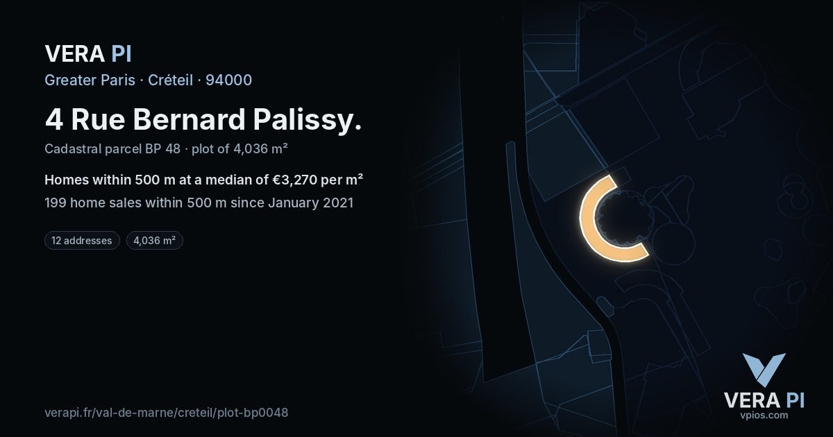 4 Rue Bernard Palissy, Créteil at night – the plot lit, the parcels around coloured by the prices near them