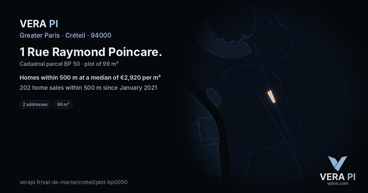 1 Rue Raymond Poincare, Créteil at night – the plot lit, the parcels around coloured by the prices near them