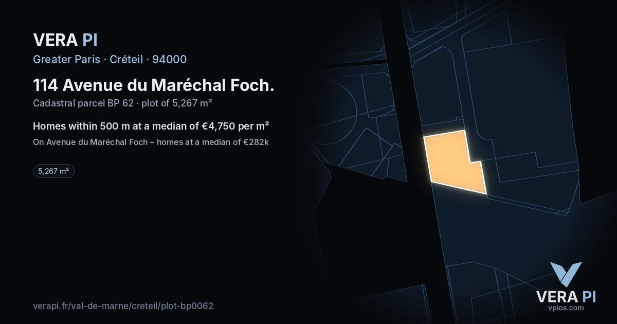 114 Avenue du Maréchal Foch, Créteil at night – the plot lit, the parcels around coloured by the prices near them