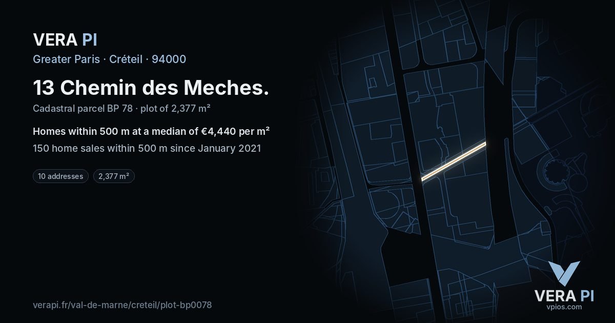 13 Chemin des Meches, Créteil at night – the plot lit, the parcels around coloured by the prices near them
