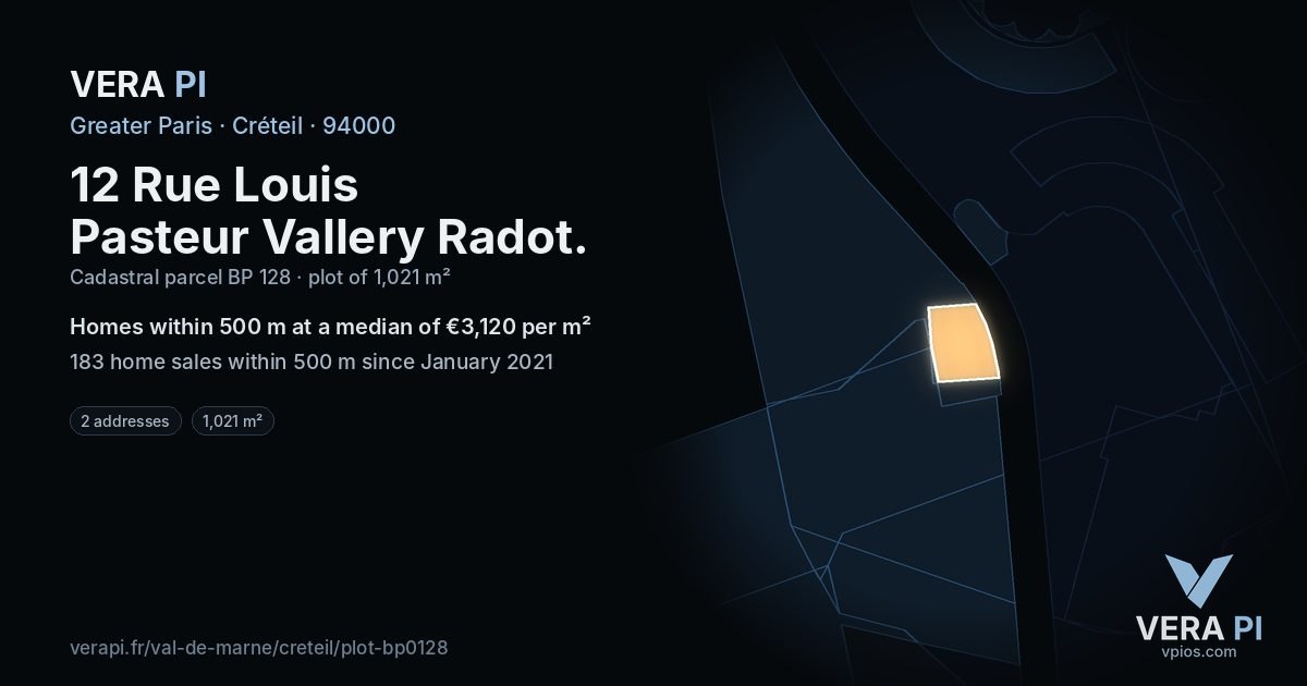 12 Rue Louis Pasteur Vallery Radot, Créteil at night – the plot lit, the parcels around coloured by the prices near them