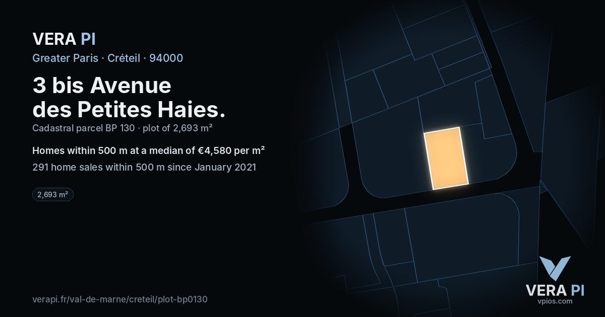 3 bis Avenue des Petites Haies, Créteil at night – the plot lit, the parcels around coloured by the prices near them