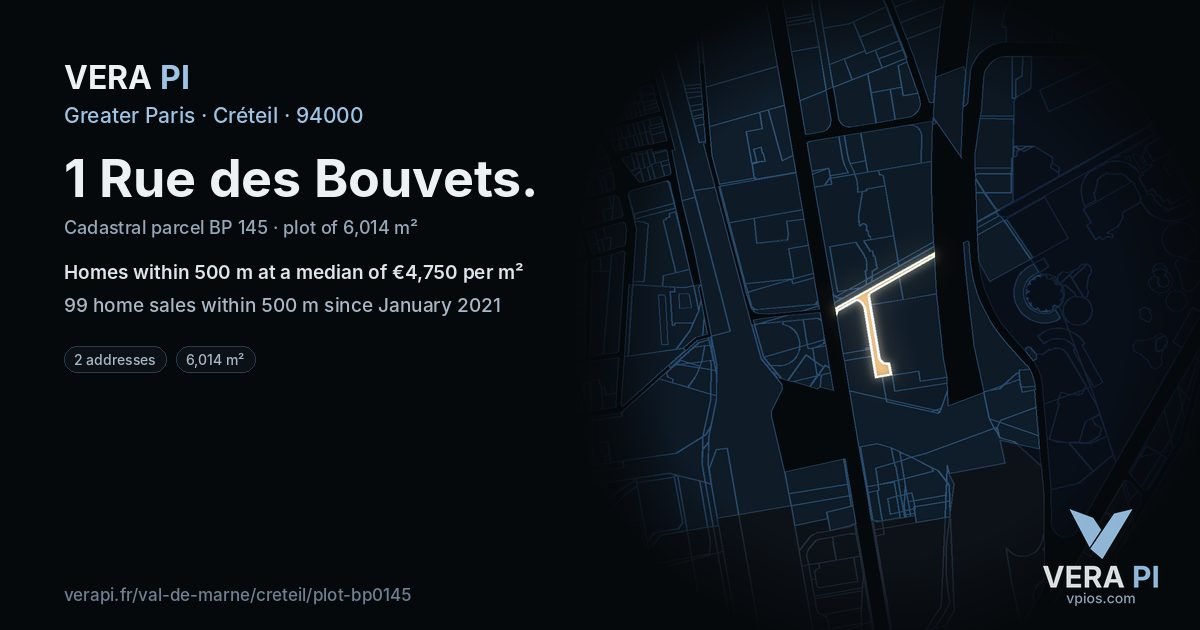 1 Rue des Bouvets, Créteil at night – the plot lit, the parcels around coloured by the prices near them