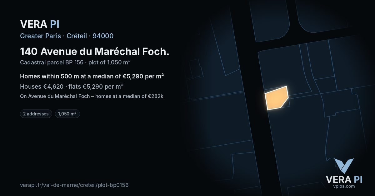 140 Avenue du Maréchal Foch, Créteil at night – the plot lit, the parcels around coloured by the prices near them