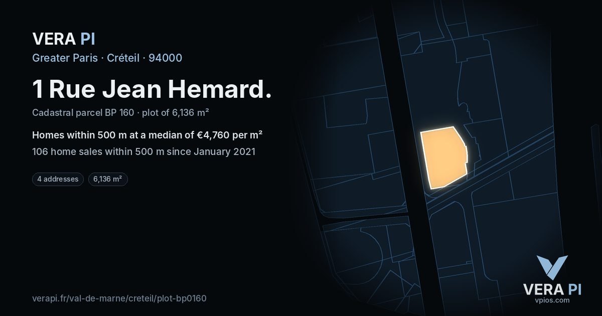 1 Rue Jean Hemard, Créteil at night – the plot lit, the parcels around coloured by the prices near them