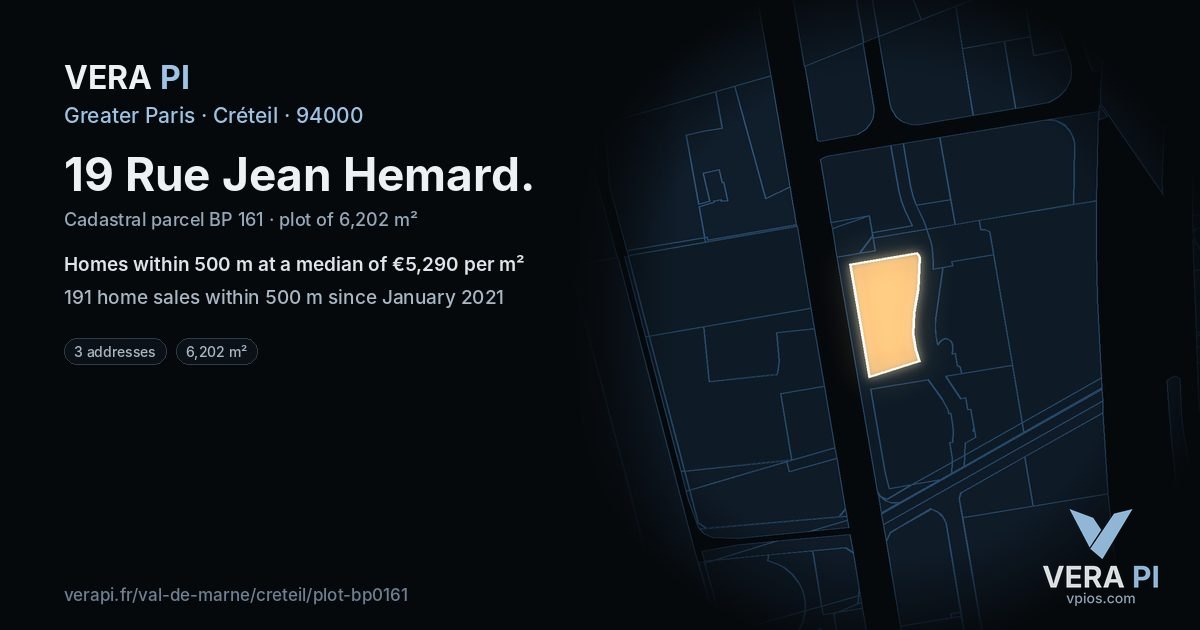 19 Rue Jean Hemard, Créteil at night – the plot lit, the parcels around coloured by the prices near them
