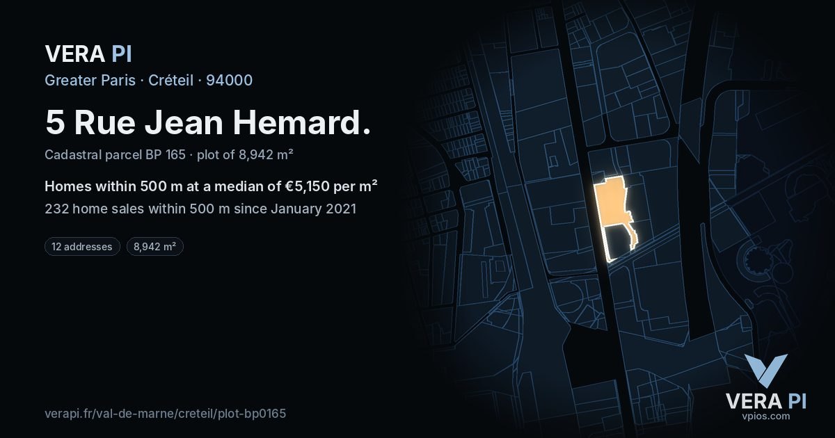 5 Rue Jean Hemard, Créteil at night – the plot lit, the parcels around coloured by the prices near them