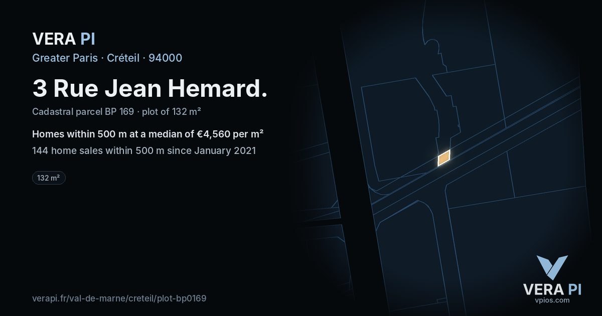 3 Rue Jean Hemard, Créteil at night – the plot lit, the parcels around coloured by the prices near them