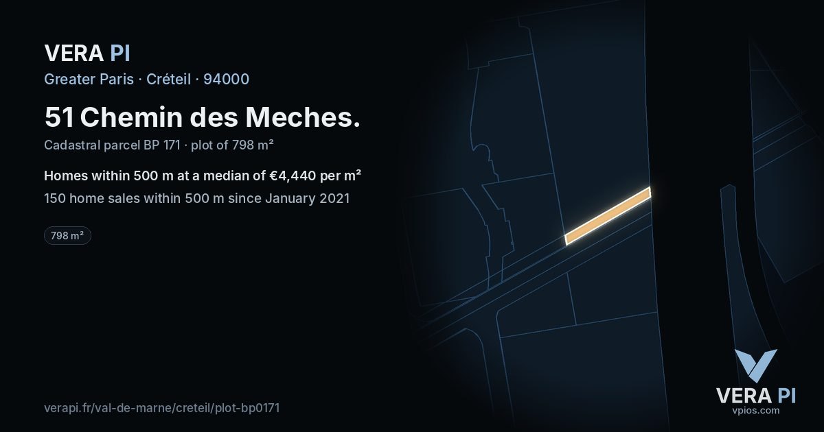 51 Chemin des Meches, Créteil at night – the plot lit, the parcels around coloured by the prices near them