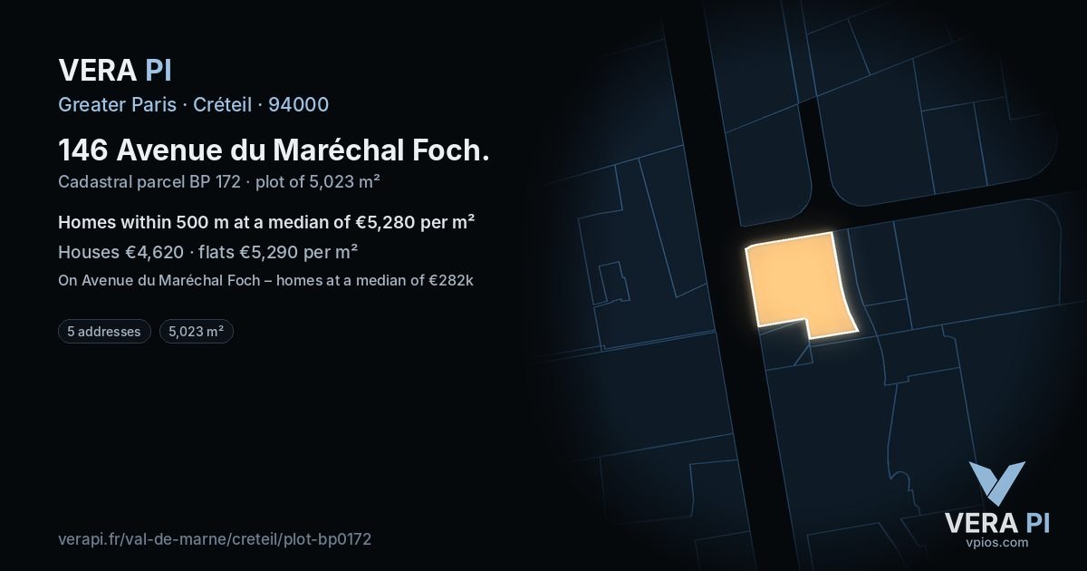 146 Avenue du Maréchal Foch, Créteil at night – the plot lit, the parcels around coloured by the prices near them