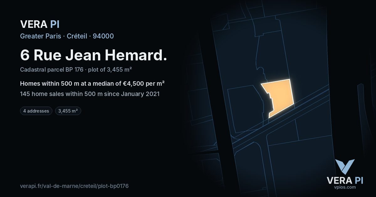 6 Rue Jean Hemard, Créteil at night – the plot lit, the parcels around coloured by the prices near them