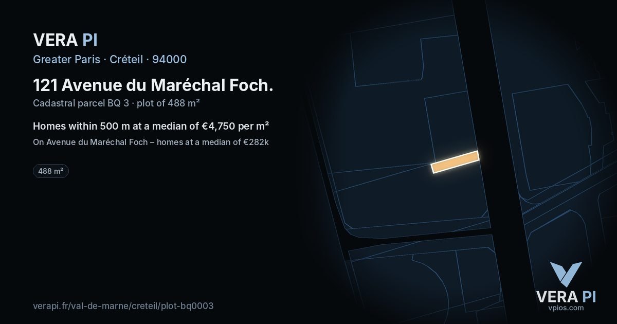 121 Avenue du Maréchal Foch, Créteil at night – the plot lit, the parcels around coloured by the prices near them