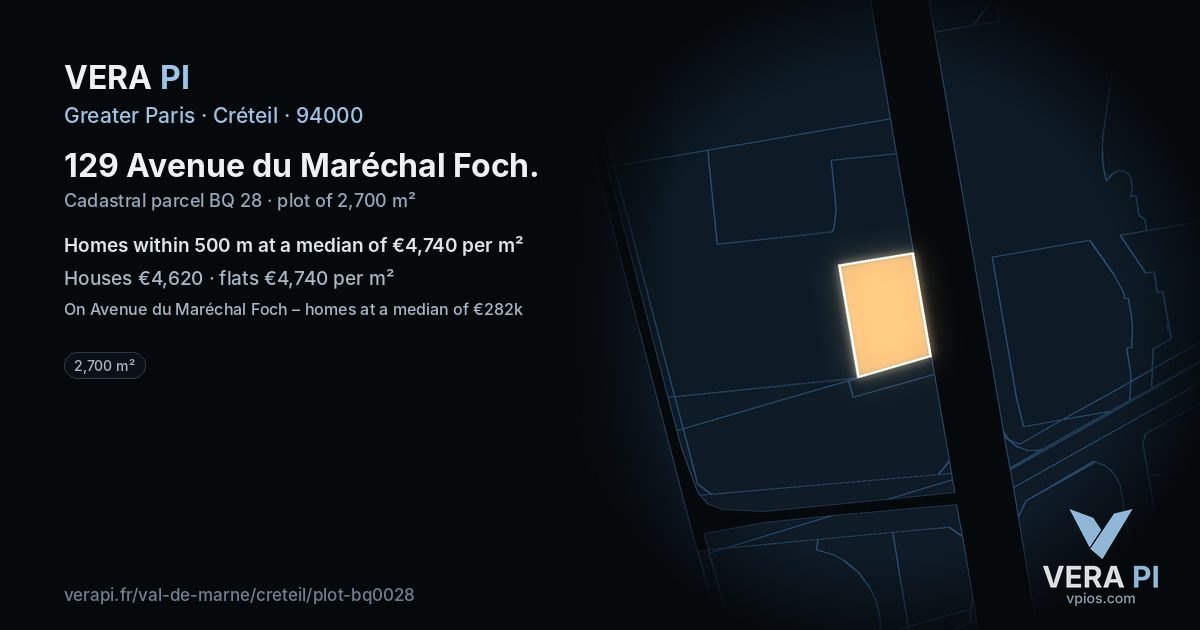 129 Avenue du Maréchal Foch, Créteil at night – the plot lit, the parcels around coloured by the prices near them
