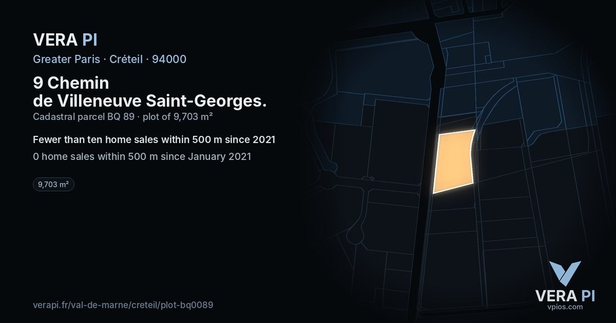 9 Chemin de Villeneuve Saint-Georges, Créteil at night – the plot lit, the parcels around coloured by the prices near them