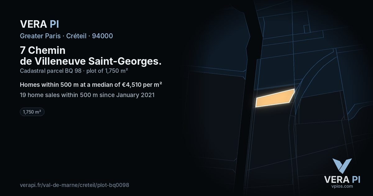 7 Chemin de Villeneuve Saint-Georges, Créteil at night – the plot lit, the parcels around coloured by the prices near them