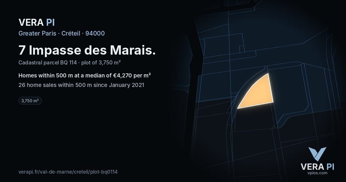 7 Impasse des Marais, Créteil at night – the plot lit, the parcels around coloured by the prices near them