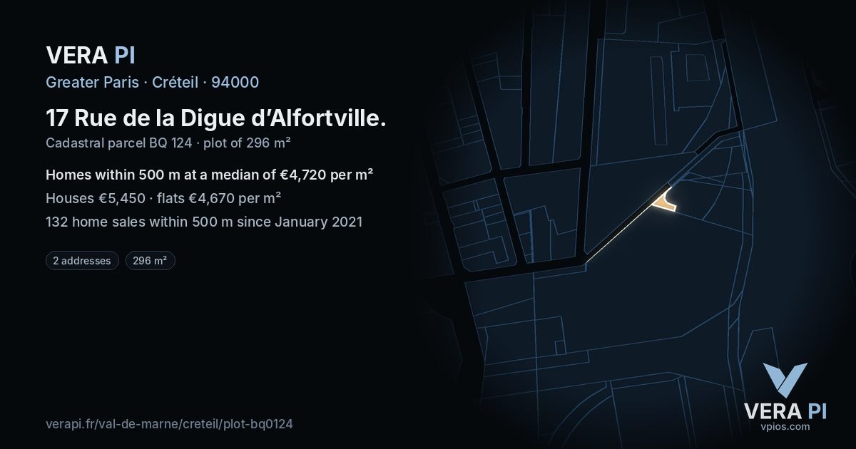 17 Rue de la Digue d’Alfortville, Créteil at night – the plot lit, the parcels around coloured by the prices near them