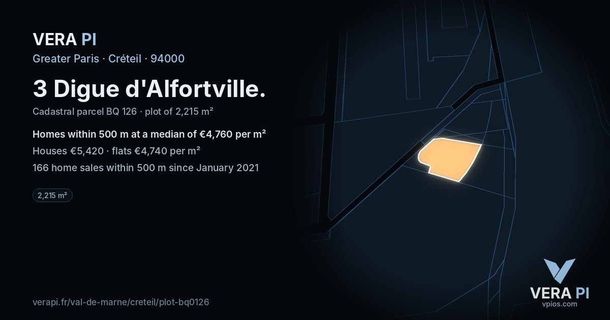 3 Digue d'Alfortville, Créteil at night – the plot lit, the parcels around coloured by the prices near them