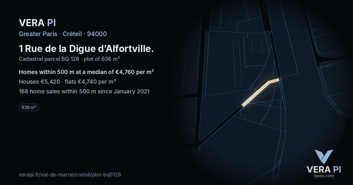 1 Rue de la Digue d’Alfortville, Créteil at night – the plot lit, the parcels around coloured by the prices near them