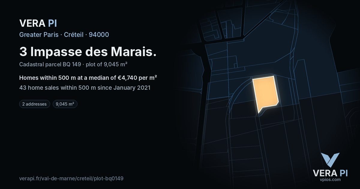 3 Impasse des Marais, Créteil at night – the plot lit, the parcels around coloured by the prices near them