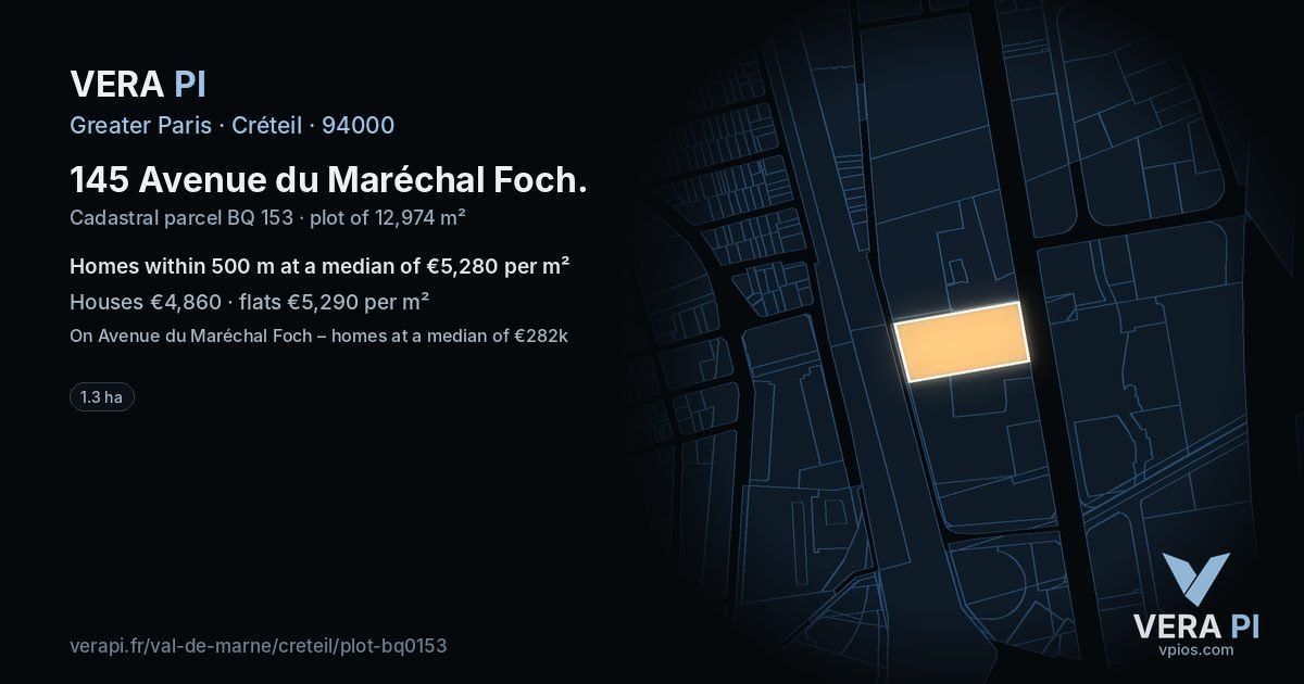 145 Avenue du Maréchal Foch, Créteil at night – the plot lit, the parcels around coloured by the prices near them
