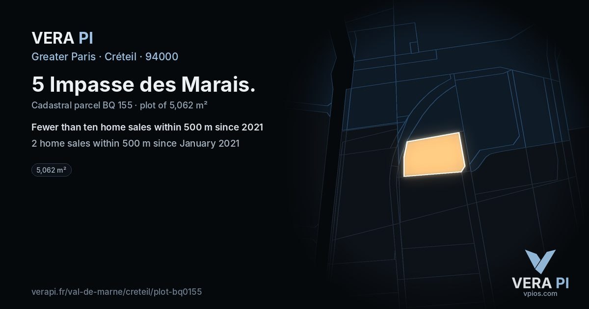 5 Impasse des Marais, Créteil at night – the plot lit, the parcels around coloured by the prices near them