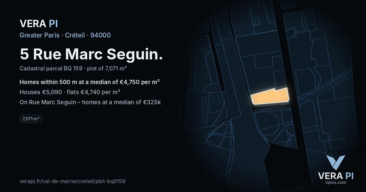 5 Rue Marc Seguin, Créteil at night – the plot lit, the parcels around coloured by the prices near them