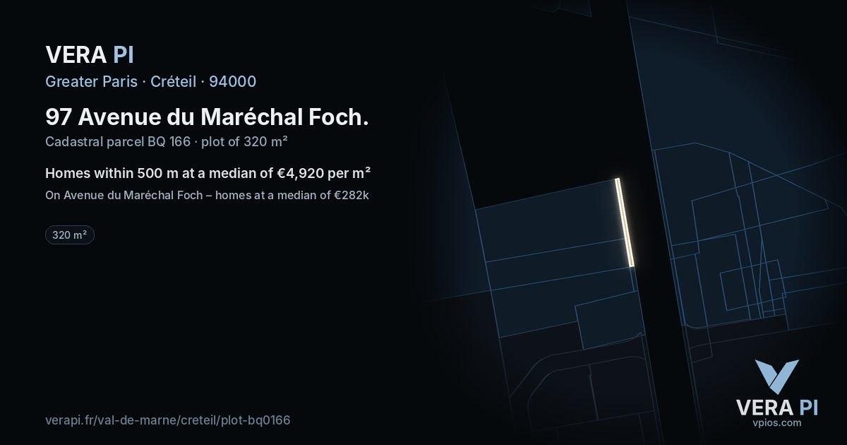 97 Avenue du Maréchal Foch, Créteil at night – the plot lit, the parcels around coloured by the prices near them