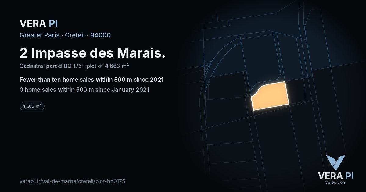 2 Impasse des Marais, Créteil at night – the plot lit, the parcels around coloured by the prices near them