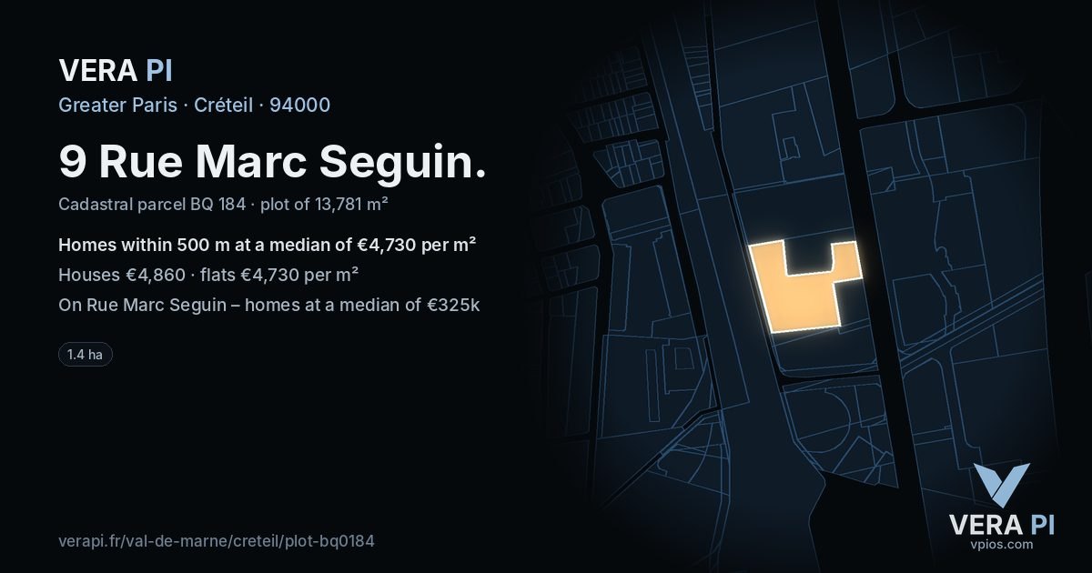 9 Rue Marc Seguin, Créteil at night – the plot lit, the parcels around coloured by the prices near them