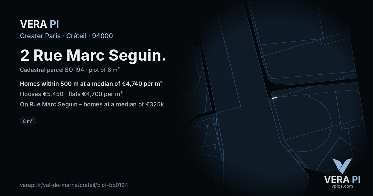 2 Rue Marc Seguin, Créteil at night – the plot lit, the parcels around coloured by the prices near them