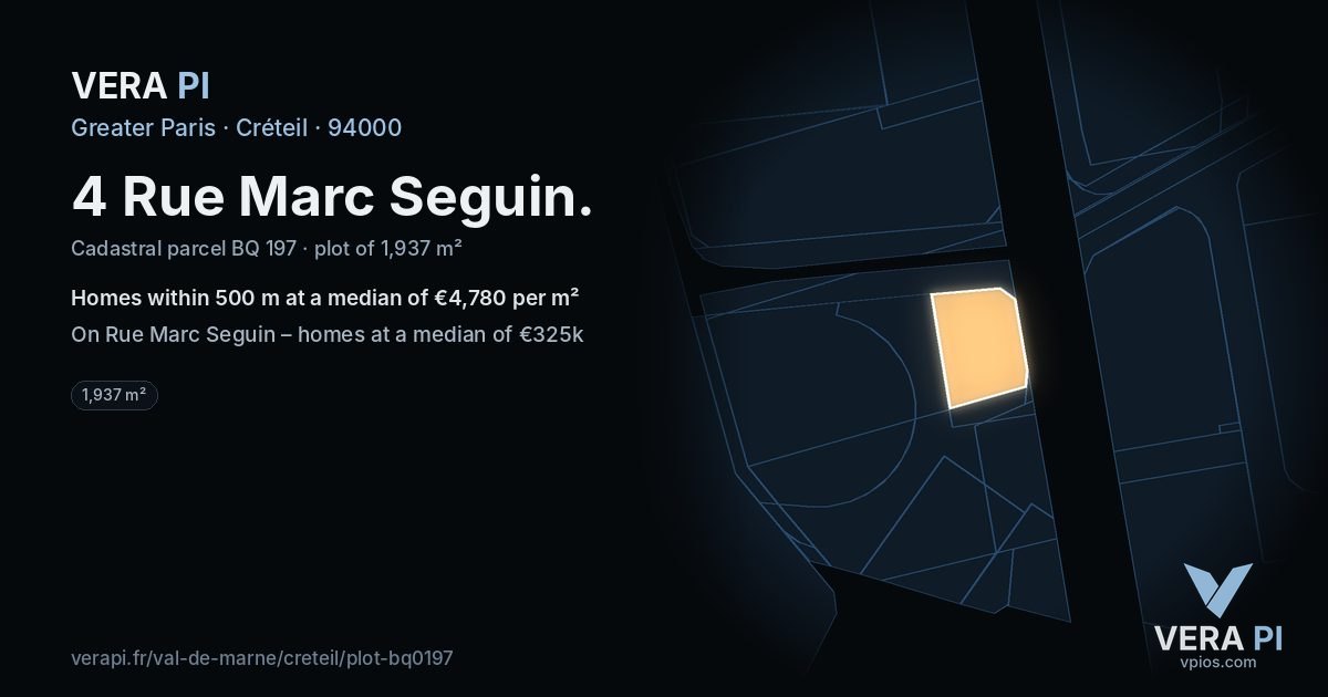4 Rue Marc Seguin, Créteil at night – the plot lit, the parcels around coloured by the prices near them