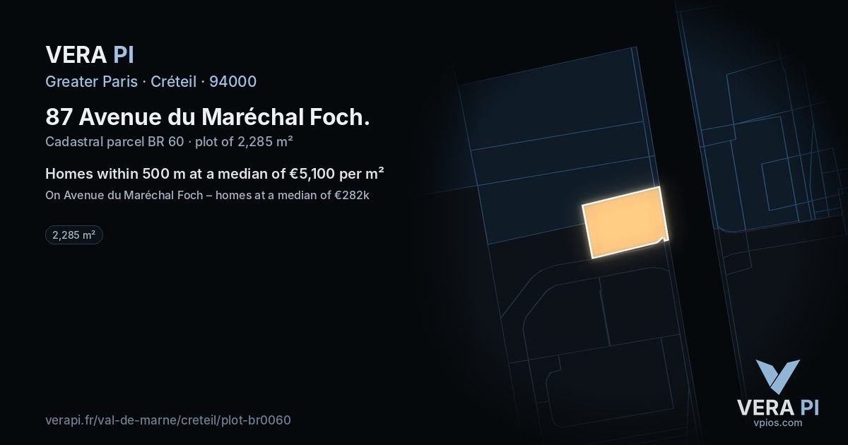 87 Avenue du Maréchal Foch, Créteil at night – the plot lit, the parcels around coloured by the prices near them