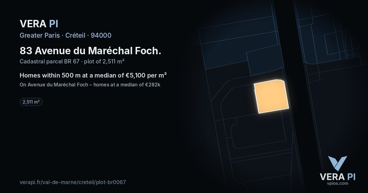 83 Avenue du Maréchal Foch, Créteil at night – the plot lit, the parcels around coloured by the prices near them