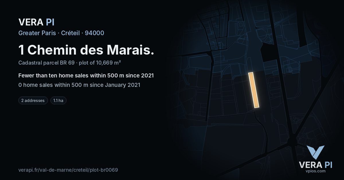 1 Chemin des Marais, Créteil at night – the plot lit, the parcels around coloured by the prices near them