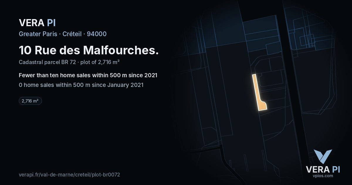 10 Rue des Malfourches, Créteil at night – the plot lit, the parcels around coloured by the prices near them