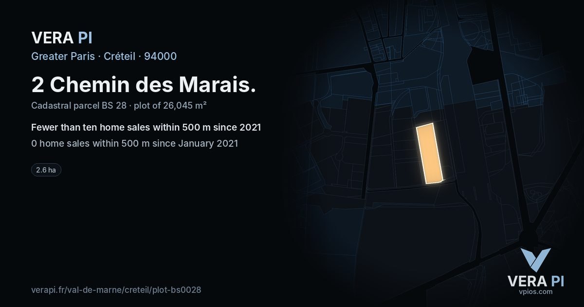 2 Chemin des Marais, Créteil at night – the plot lit, the parcels around coloured by the prices near them