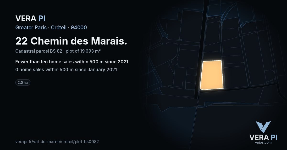 22 Chemin des Marais, Créteil at night – the plot lit, the parcels around coloured by the prices near them