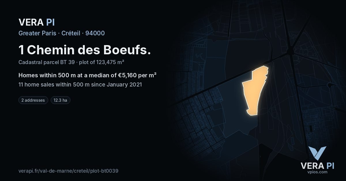 1 Chemin des Boeufs, Créteil at night – the plot lit, the parcels around coloured by the prices near them