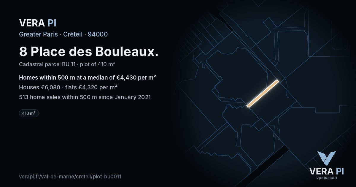 8 Place des Bouleaux, Créteil at night – the plot lit, the parcels around coloured by the prices near them