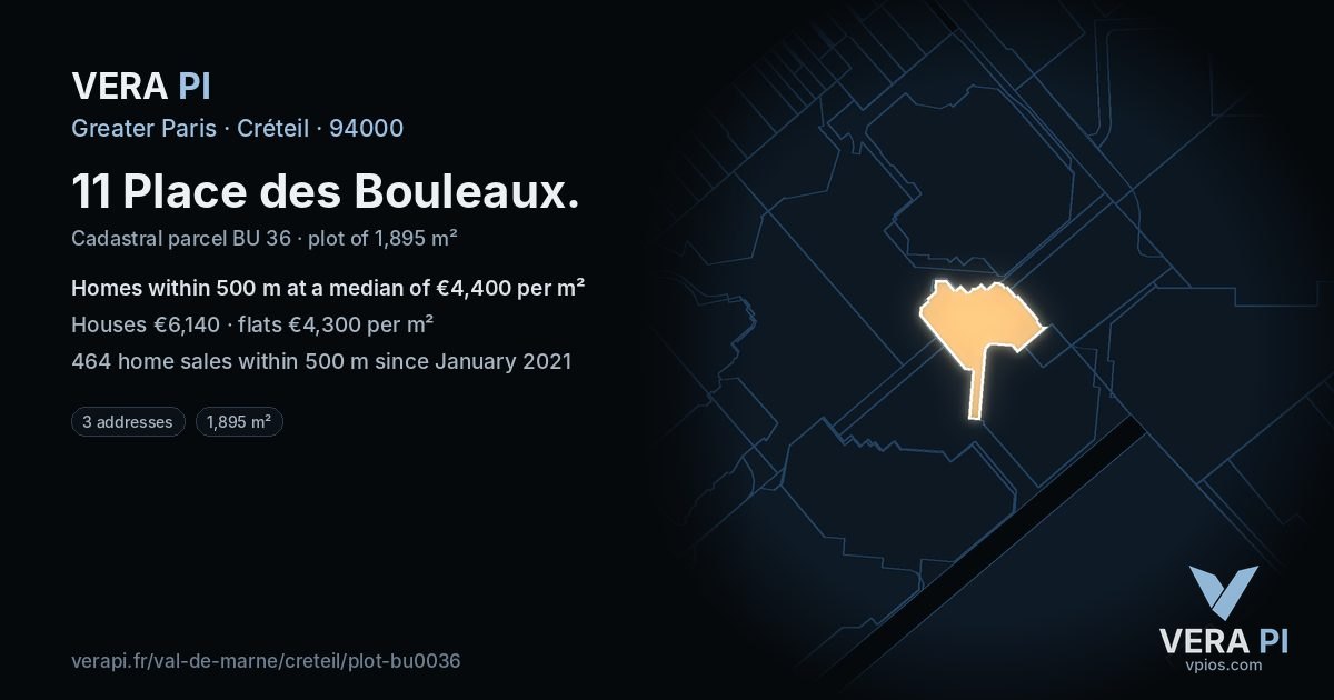 11 Place des Bouleaux, Créteil at night – the plot lit, the parcels around coloured by the prices near them