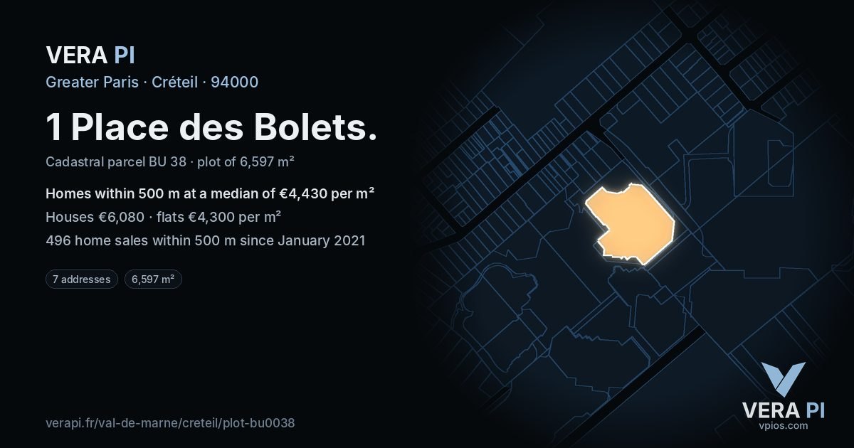1 Place des Bolets, Créteil at night – the plot lit, the parcels around coloured by the prices near them