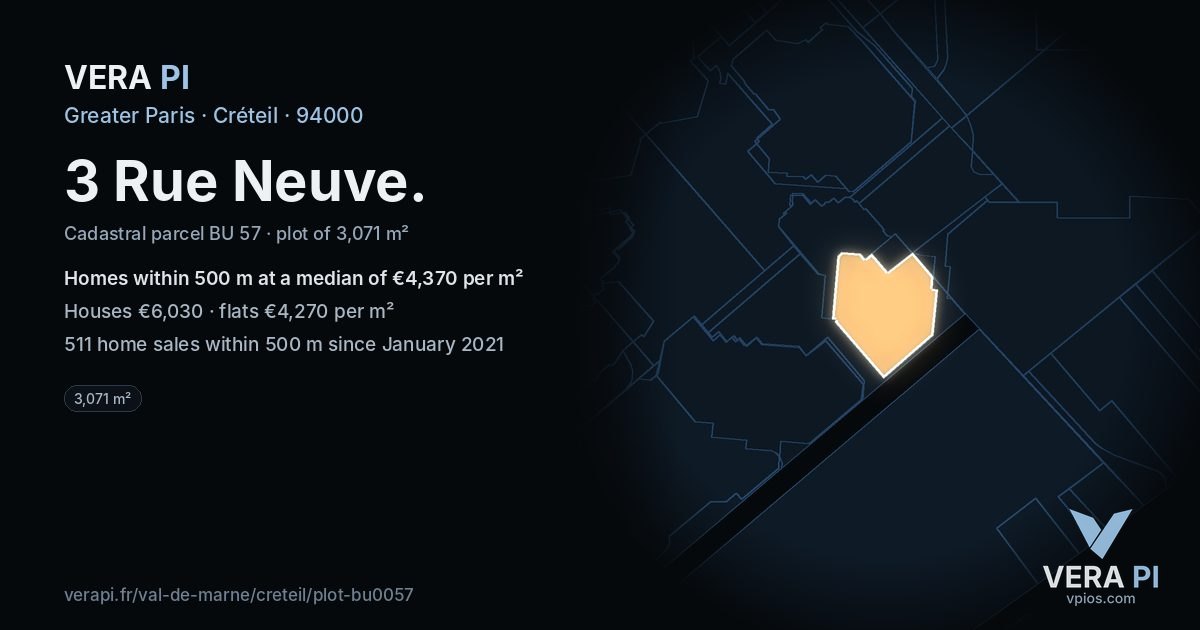 3 Rue Neuve, Créteil at night – the plot lit, the parcels around coloured by the prices near them