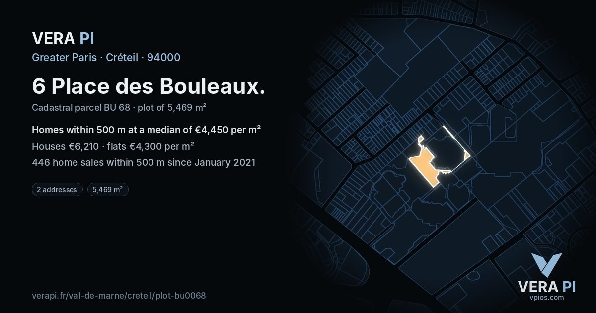 6 Place des Bouleaux, Créteil at night – the plot lit, the parcels around coloured by the prices near them
