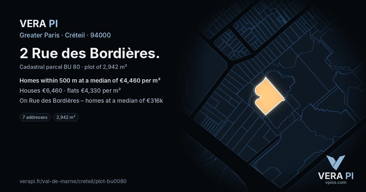 2 Rue des Bordières, Créteil at night – the plot lit, the parcels around coloured by the prices near them