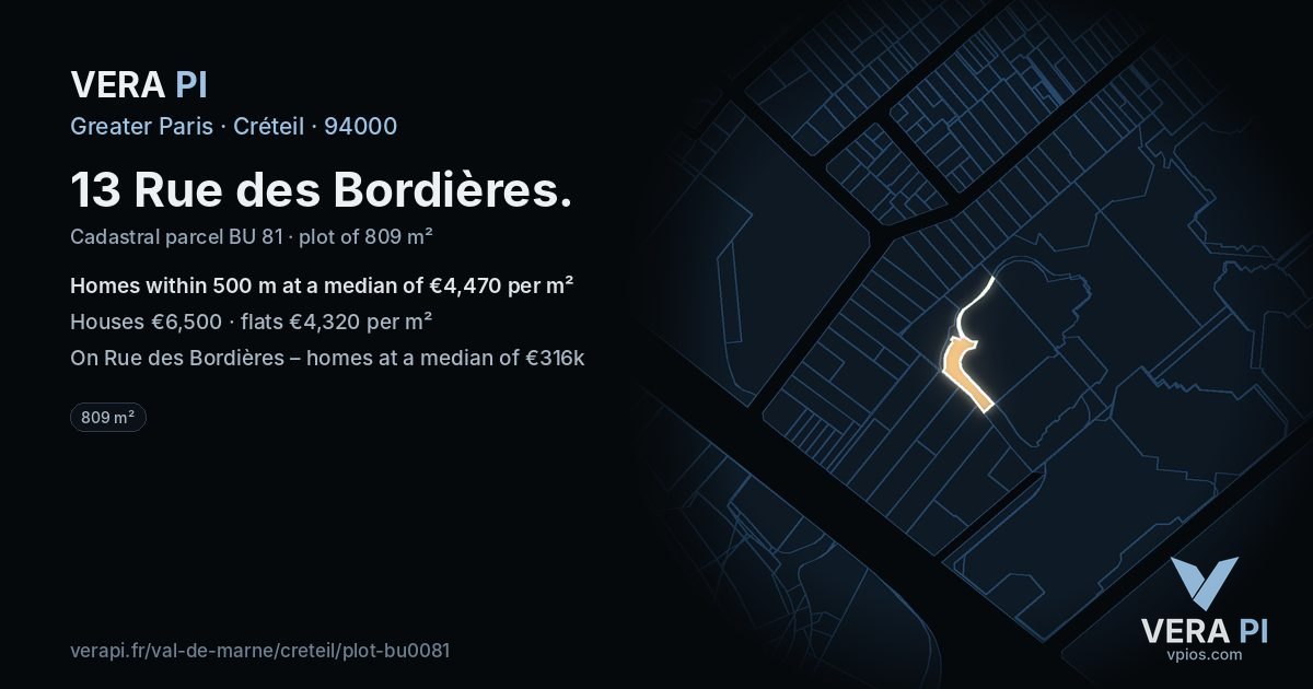 13 Rue des Bordières, Créteil at night – the plot lit, the parcels around coloured by the prices near them