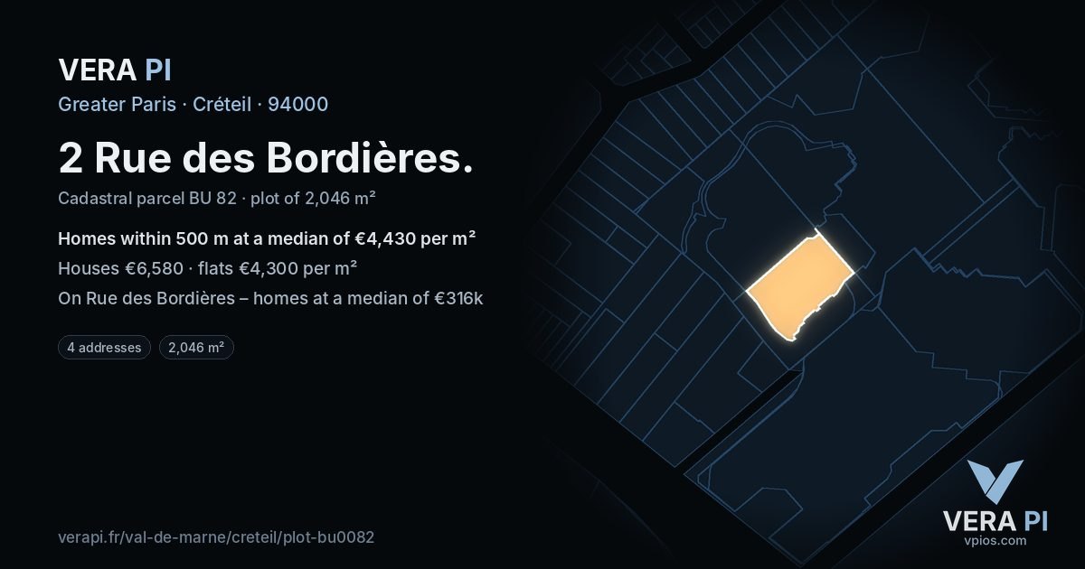2 Rue des Bordières, Créteil at night – the plot lit, the parcels around coloured by the prices near them