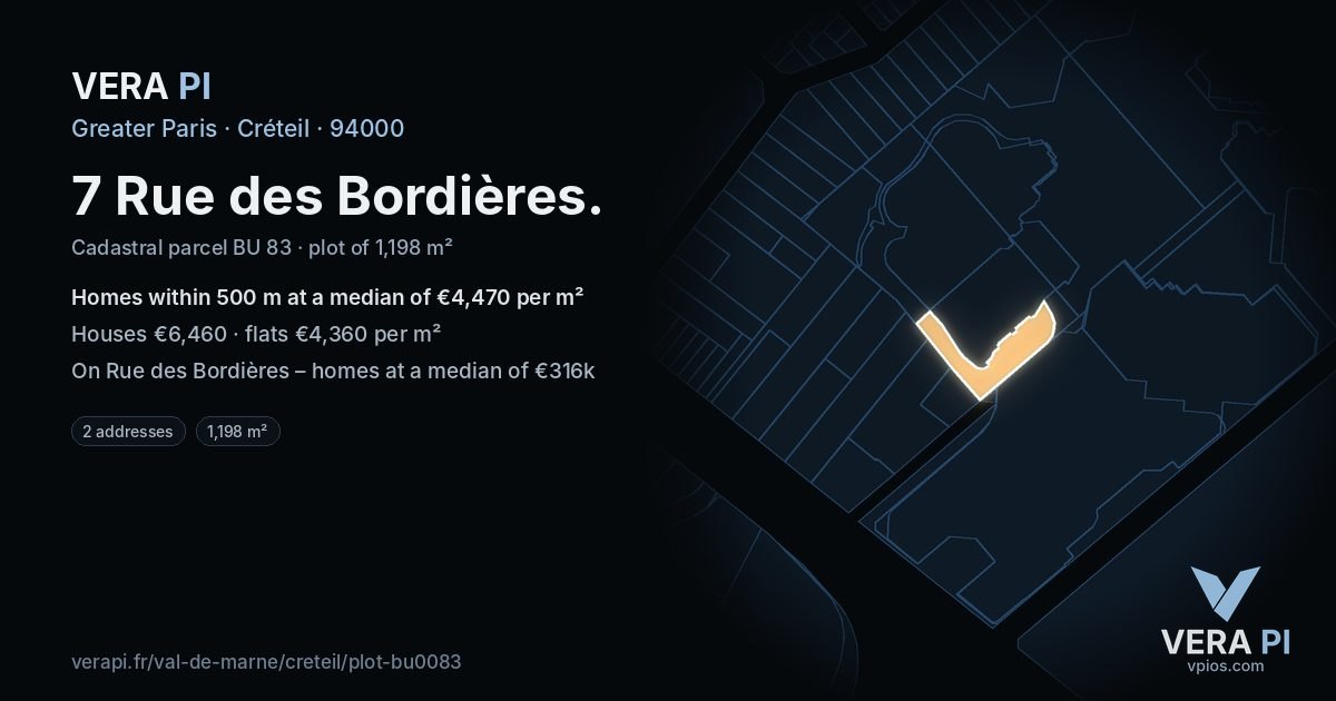 7 Rue des Bordières, Créteil at night – the plot lit, the parcels around coloured by the prices near them