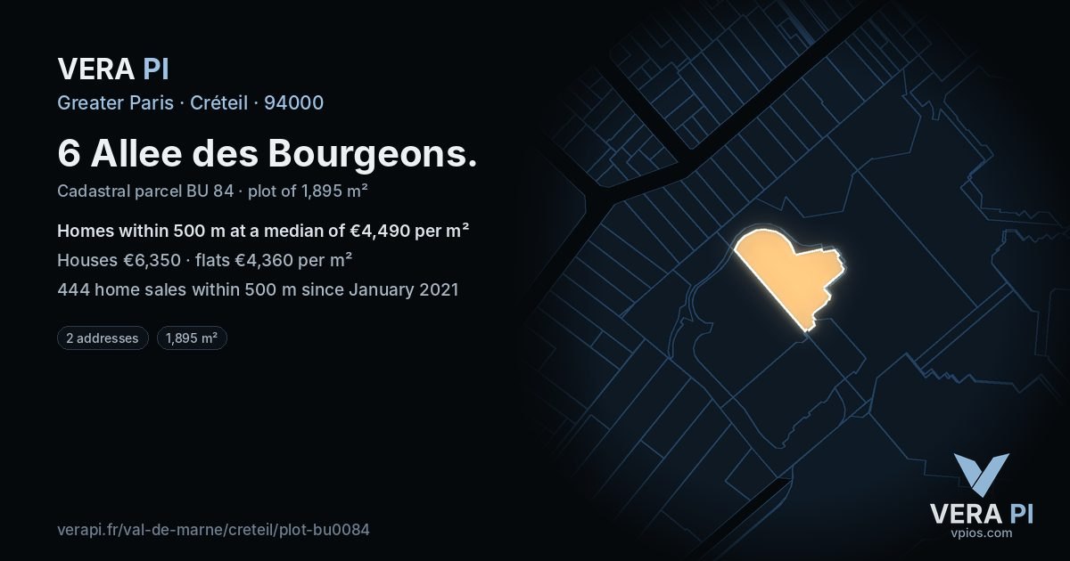 6 Allee des Bourgeons, Créteil at night – the plot lit, the parcels around coloured by the prices near them